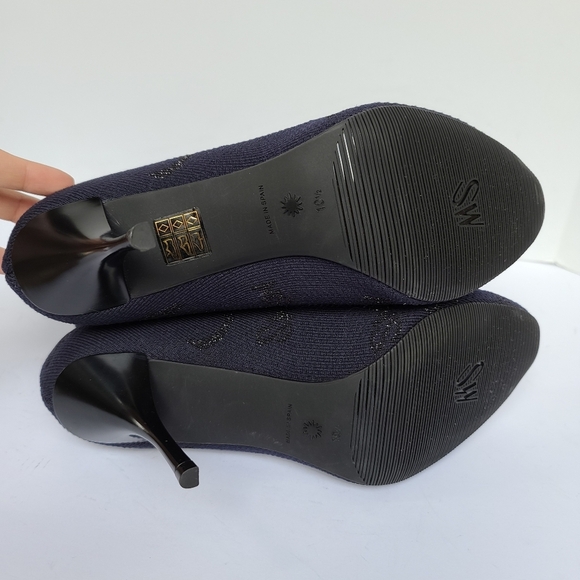 Stuart Weitzman | The Violetta 80 SW Logo Navy Mid-Calf Sock Stretch Knit Bootie - Picture 10 of 13